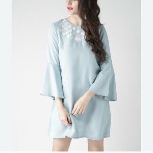 Forever 21 Blue Bell Sleeve Blouse With White Embroidered Flowers